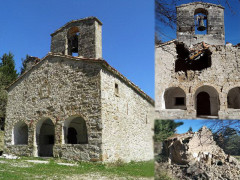 La chiesa di Santa Maria in Pantano di Colle di Montegallo, prima del terremoto, dopo il terremoto del 24 agosto 2016 e dopo il sisma del 30 ottobre 2016