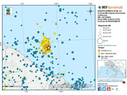 Area della sequenza sismica della Costa Marchigiana Pesarese successiva al 9 novembre 2022 - Fonte INGV